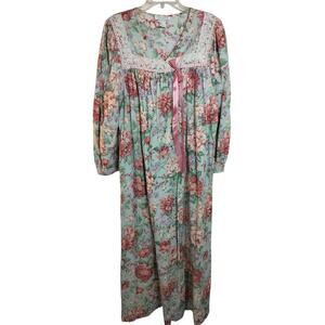 4357)Vtg 80s Komar Floral Lace Cotton Cottagecore Ribbon Grannycore Dress Large